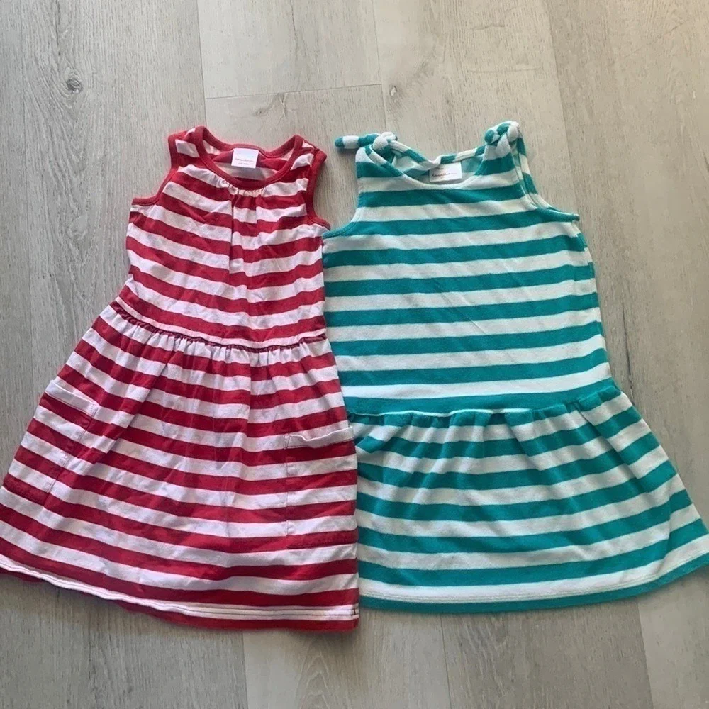 Hanna Andersson Girls Striped Dress Lot 2 Red Teal White Cotton Terry Size 6-7